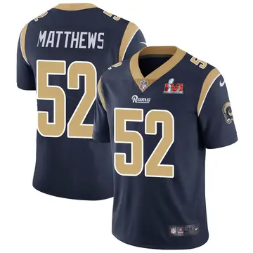 Nike Clay Matthews Youth Limited Los Angeles Rams Navy Team Color Vapor Untouchable Super Bowl LVI Bound Jersey