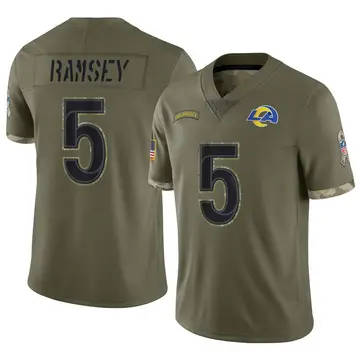 Nike Jalen Ramsey Youth Limited Los Angeles Rams Olive Jalen ey 2022 Salute To Service Jersey